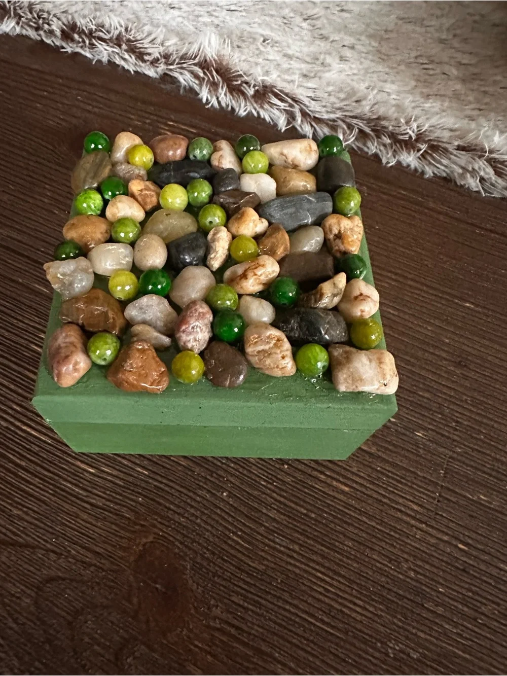 Hand crafted River Rock and green glass beaded trinket box